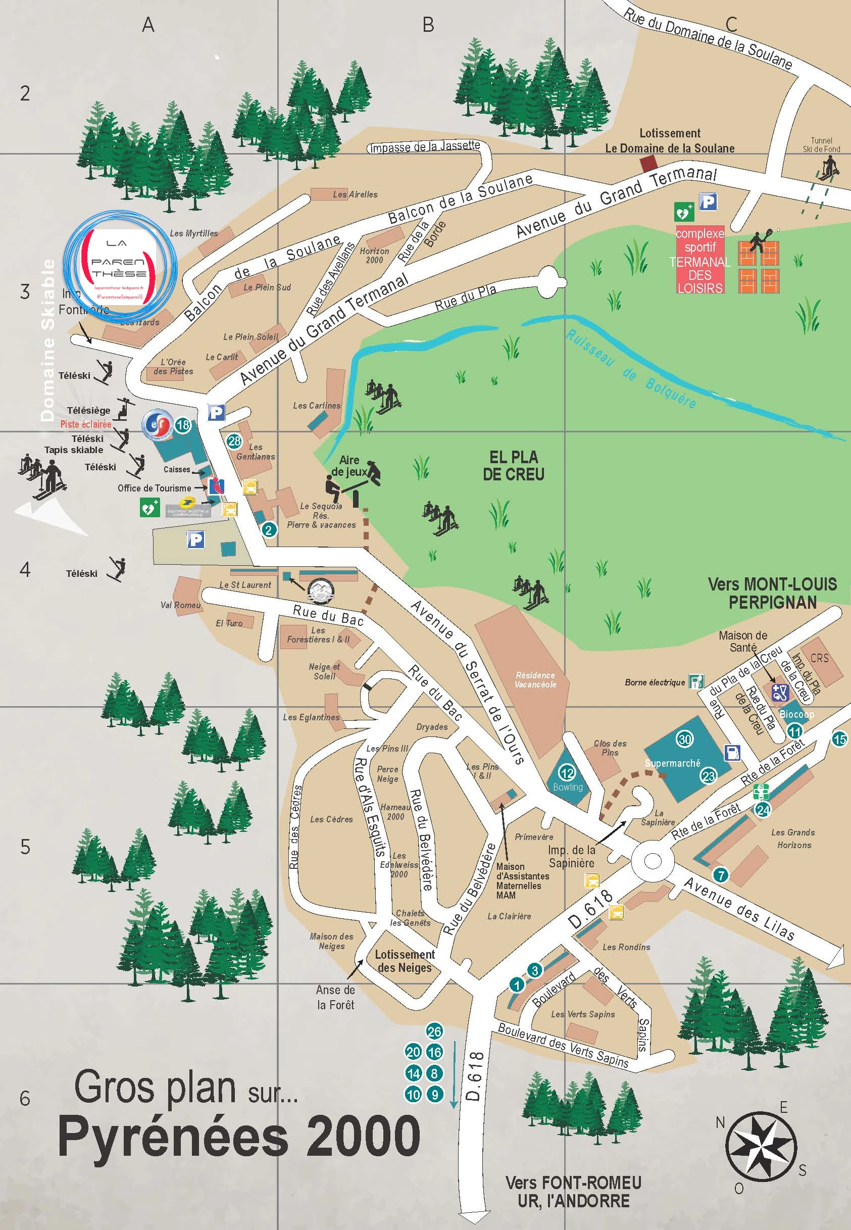 Visualisez le plan zoomé de Bolquère Pyrénées 2000 et situez La Parenthèse ainsi que les pistes de ski et ESF